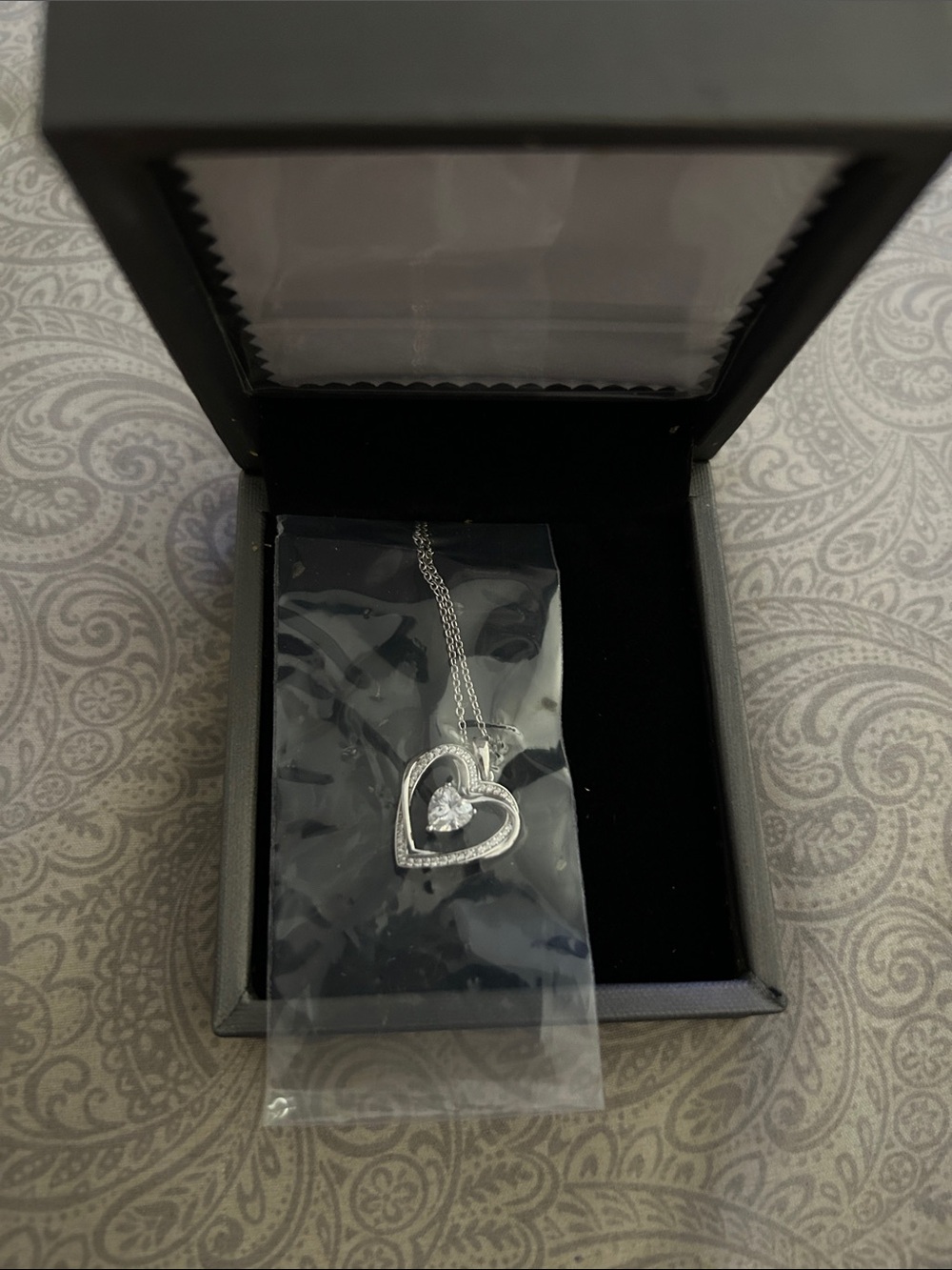 Silver Open Heart Necklace with Clear Stone Pendant